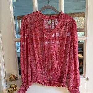 Joie Rose-Pink Floral Sheer V-Neck Peasant Blouse